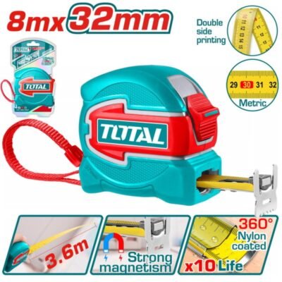 Μετροταινία Total 8m x 32mm TMT80832M επαγγελματική για ακριβείς μετρήσεις με φαρδιά ταινία.