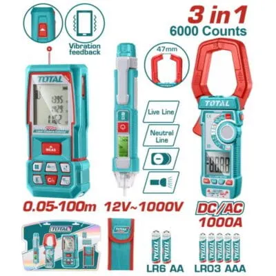 Σετ Μετρητής Απόστασης Laser 100m Total TLDD241202 με αμπεροτσιμπίδα και ανιχνευτή τάσης
