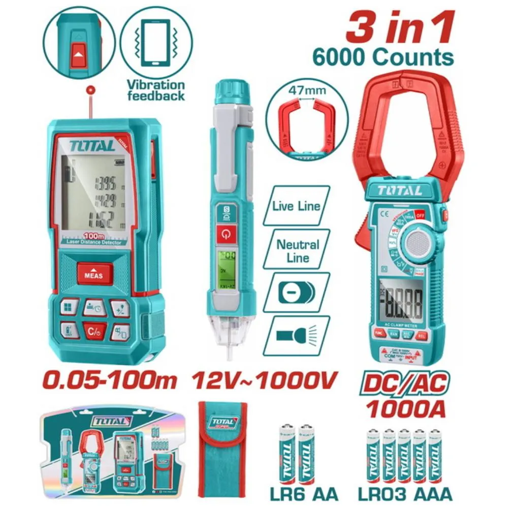 Σετ Μετρητής Απόστασης Laser 100m Total TLDD241202 με αμπεροτσιμπίδα και ανιχνευτή τάσης