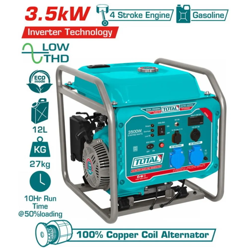 Γεννήτρια βενζίνης inverter TOTAL 3.5kW TP340006 με μέγιστη ισχύ 3500W και λειτουργία ECO.